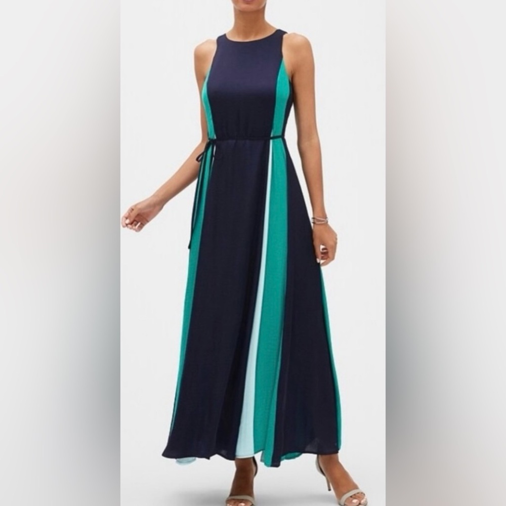 Banana Republic Navy, Green and Mint lined silk Maxi Dress size 14